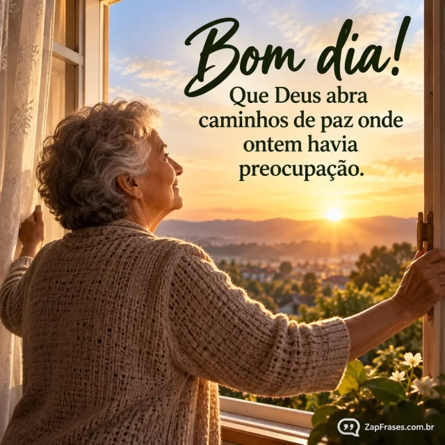 Mulher idosa abrindo a janela de casa ao amanhecer; fé cotidiana e novo horizonte. Arte com a mensagem: Bom dia! Que Deus abra caminhos de paz onde ontem havia preocupação.