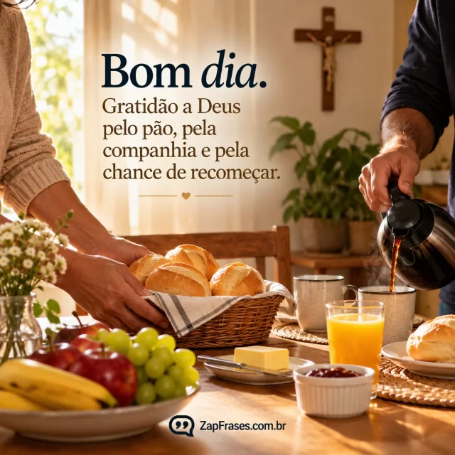 Mesa de café simples sendo posta por duas pessoas; crucifixo discreto na parede. Arte com a mensagem: Bom dia. Gratidão a Deus pelo pão, pela companhia e pela chance de recomeçar.
