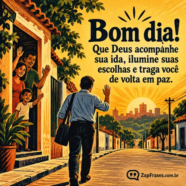 Pessoa saindo cedo para o trabalho por rua tranquila, família acena da porta de casa. Arte com a mensagem: Bom dia! Que Deus acompanhe sua ida, ilumine suas escolhas e traga você de volta em paz.