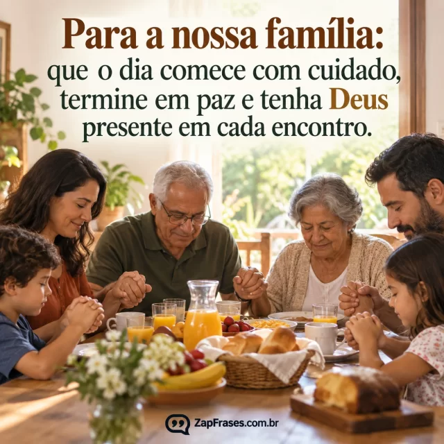 Família multigeracional de mãos dadas à mesa do café, oração breve antes de comer, luz natural. Arte com a mensagem: Para a nossa família: que o dia comece com cuidado, termine em paz e tenha Deus presente em cada encontro.