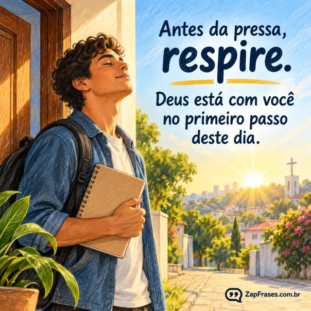 Jovem adulto à porta de casa com mochila e caderno sem escrita, respira antes de sair ao sol da manhã. Arte com a mensagem: Antes da pressa, respire. Deus está com você no primeiro passo deste dia.