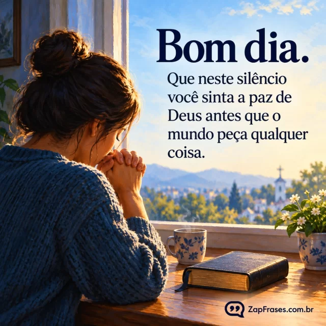 Pessoa em oração silenciosa junto a janela, xícara e Bíblia fechada sem letras visíveis, luz azul da manhã. Arte com a mensagem: Bom dia. Que neste silêncio você sinta a paz de Deus antes que o mundo peça qualquer coisa.