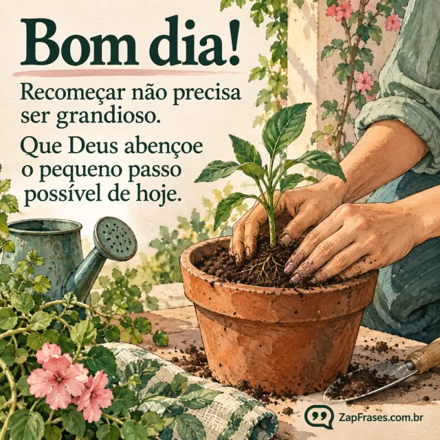 Mãos plantando uma muda em vaso de barro ao sol da manhã, terra e raízes reais. Arte com a mensagem: Bom dia! Recomeçar não precisa ser grandioso. Que Deus abençoe o pequeno passo possível de hoje.