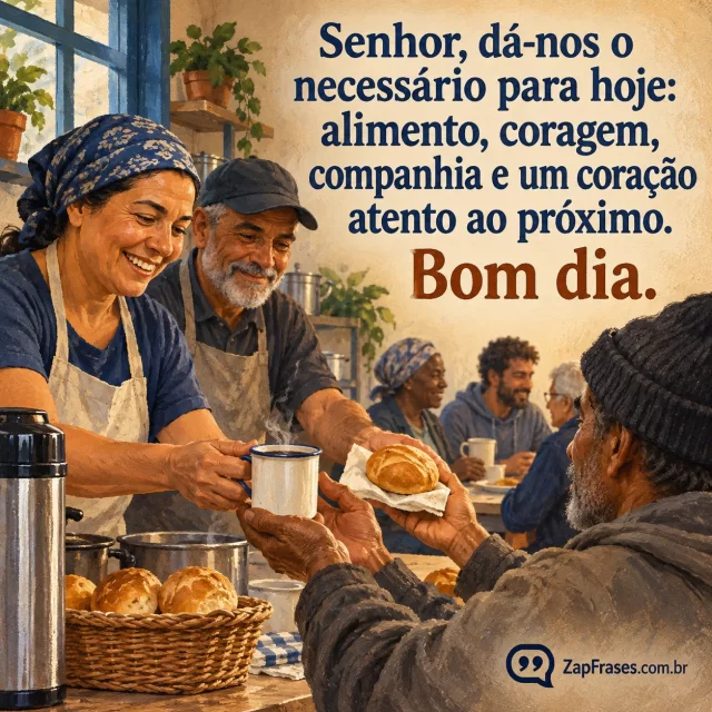 Mãos servindo café e pão para outra pessoa em cozinha comunitária matinal, dignidade e solidariedade. Arte com a mensagem: Senhor, dá-nos o necessário para hoje: alimento, coragem, companhia e um coração atento ao próximo. Bom dia.