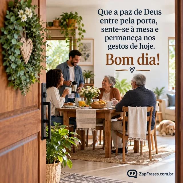 Porta aberta para interior de casa simples e acolhedora com mesa posta e luz da manhã. Arte com a mensagem: Que a paz de Deus entre pela porta, sente-se à mesa e permaneça nos gestos de hoje. Bom dia!