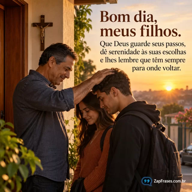 Mãe ou pai adulto abençoando filhos já jovens na porta de casa, crucifixo discreto na parede, amanhecer. Arte com a mensagem: Bom dia, meus filhos. Que Deus guarde seus passos, dê serenidade às suas escolhas e lhes lembre que têm sempre para onde voltar.