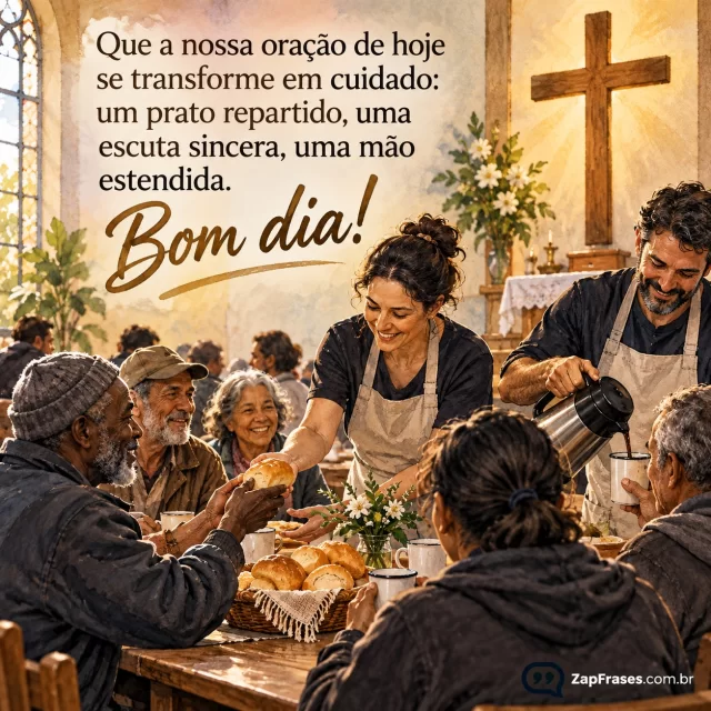 Voluntários servindo café e pão a pessoas em mesa comunitária de igreja, cruz de madeira visível ao fundo. Arte com a mensagem: Que a nossa oração de hoje se transforme em cuidado: um prato repartido, uma escuta sincera, uma mão estendida. Bom dia!