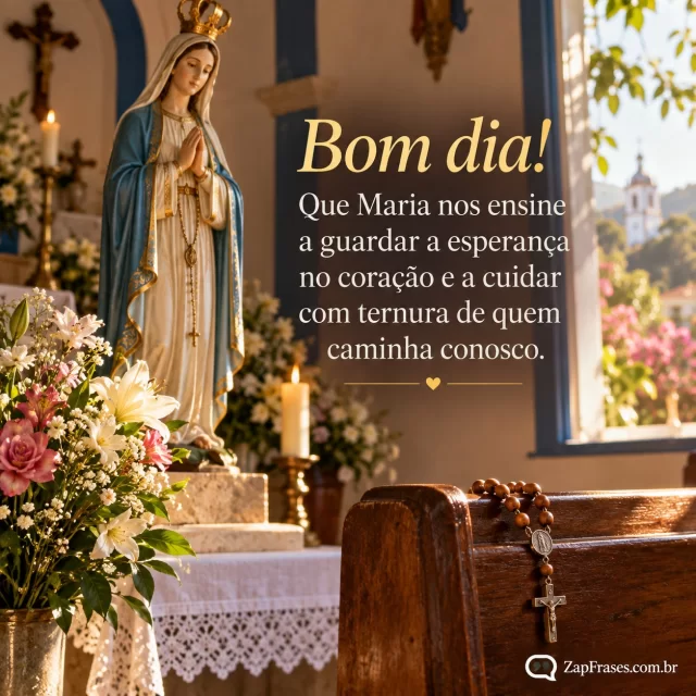Estátua discreta de Nossa Senhora numa capela brasileira, flores frescas e terço pousado em banco, manhã clara. Arte com a mensagem: Bom dia! Que Maria nos ensine a guardar a esperança no coração e a cuidar com ternura de quem caminha conosco.
