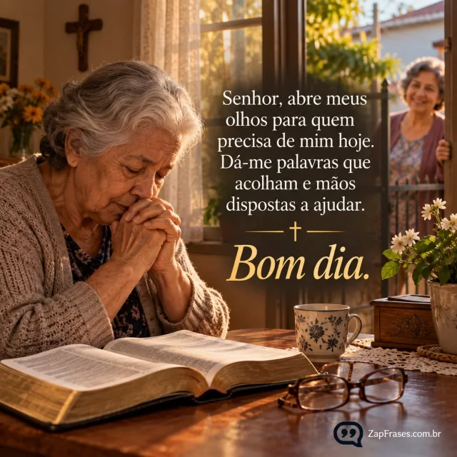 Bíblia e óculos sobre mesa ao lado de janela, pessoa idosa em oração antes de encontrar vizinha na porta, sem texto legível no livro. Arte com a mensagem: Senhor, abre meus olhos para quem precisa de mim hoje. Dá-me palavras que acolham e mãos dispostas a ajudar. Bom dia.