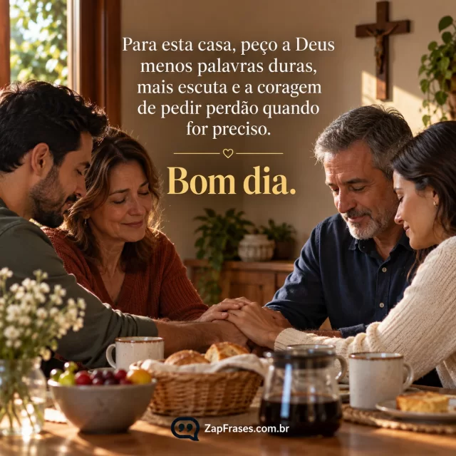 Família adulta se reconciliando em mesa de café, mãos que se encontram, pequeno crucifixo de madeira na parede. Arte com a mensagem: Para esta casa, peço a Deus menos palavras duras, mais escuta e a coragem de pedir perdão quando for preciso. Bom dia.