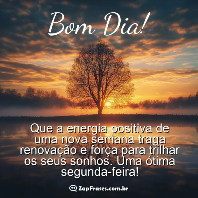 Amanhecer renovador com árvore e mensagem de bom dia