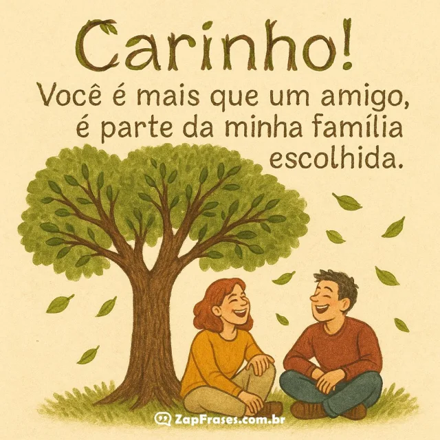Imagem de duas pessoas sob uma árvore com mensagem de carinho e amizade