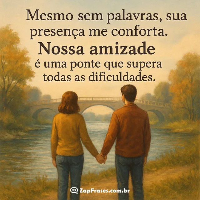 Duas pessoas de costas segurando as mãos, simbolizando amizade e apoio mútuo, com um rio e ponte ao fundo.