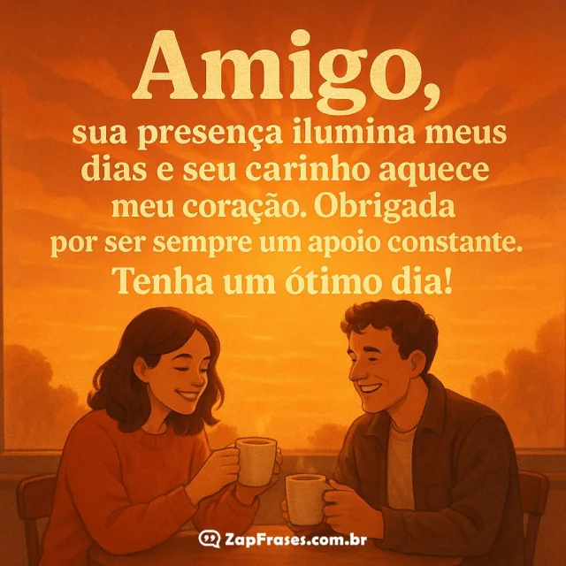 Duas amigas em uma cafeteria com por do sol sorrindo e tomando café com mensagem de amizade e carinho sobreposta.