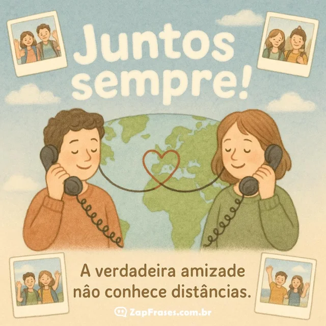 Ilustração cartoon de amigos longe mas sempre juntos, simbolizando amizade eterna.
