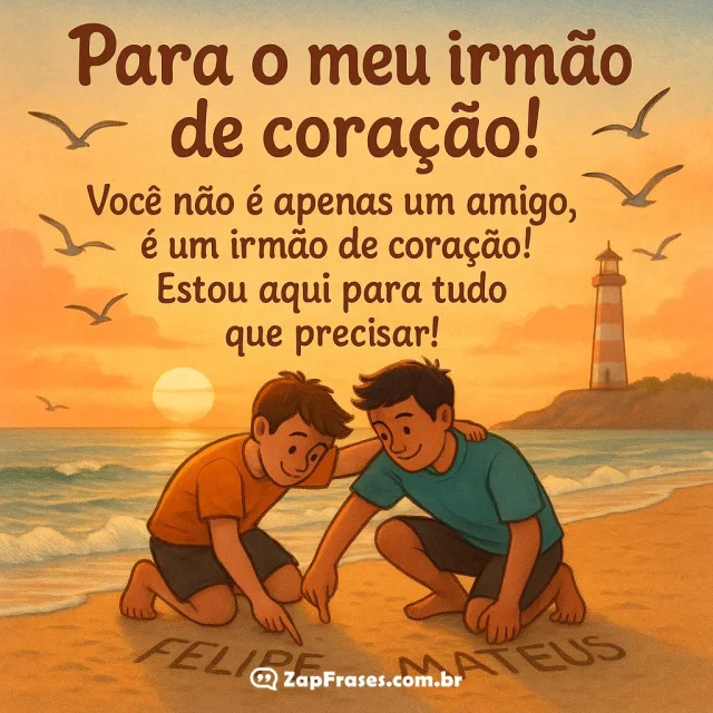 Dois meninos na praia ao pôr do sol, simbolizando amizade.