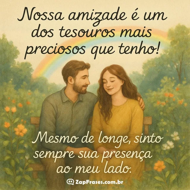 Casal cercado por natureza simbolizando amizade com frase emocionante.