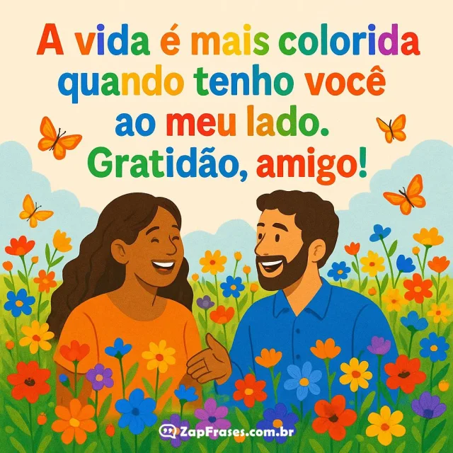 Cena alegre de amizade entre flores e sorrisos, com frase inspiradora.