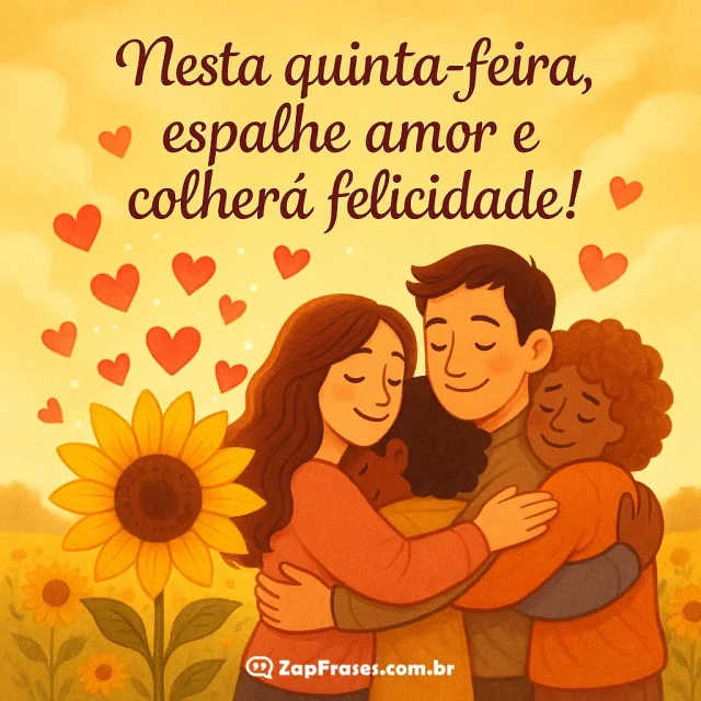 Cena acolhedora com abraços e girassóis simbolizando amor e felicidade na quinta-feira.