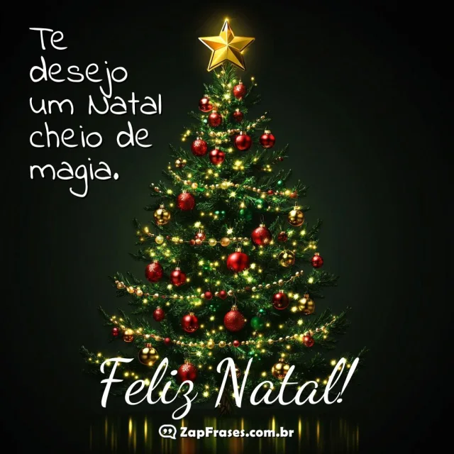 Árvore de Natal decorada com mensagem inspiradora de felicidade e magia
