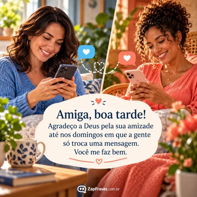 Mulher adulta lê mensagem de amiga no celular e sorri em casa tranquila. Arte com a mensagem: Amiga, boa tarde! Agradeço a Deus pela sua amizade até nos domingos em que a gente só troca uma mensagem. Você me faz bem.