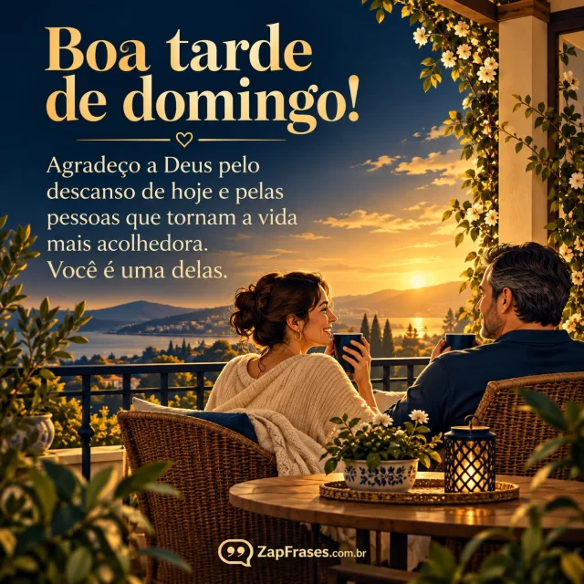 Duas pessoas adultas em varanda tranquila, luz de domingo e afeto sereno. Arte com a mensagem: Boa tarde de domingo! Agradeço a Deus pelo descanso de hoje e pelas pessoas que tornam a vida mais acolhedora. Você é uma delas.