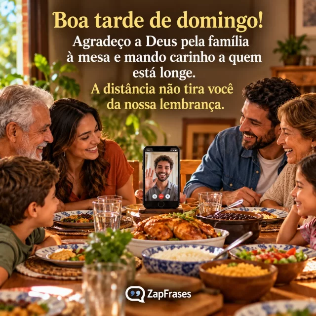 Mesa familiar com lugares ocupados e foto discreta de quem está longe. Arte com a mensagem: Boa tarde de domingo! Agradeço a Deus pela família à mesa e mando carinho a quem está longe. A distância não tira você da nossa lembrança.