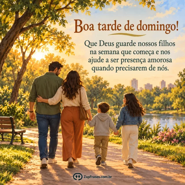 Família adulta e criança caminham juntas em parque de domingo. Arte com a mensagem: Boa tarde de domingo! Que Deus guarde nossos filhos na semana que começa e nos ajude a ser presença amorosa quando precisarem de nós.