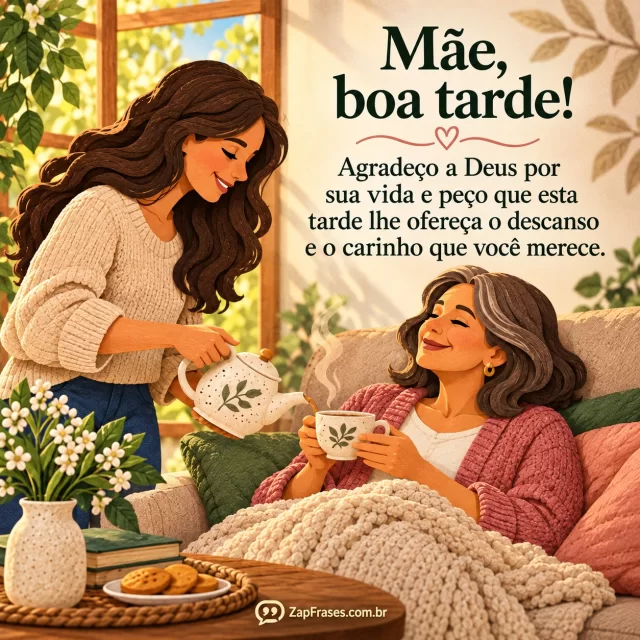 Mãe adulta descansa no sofá enquanto filho ou filha prepara chá para ela. Arte com a mensagem: Mãe, boa tarde! Agradeço a Deus por sua vida e peço que esta tarde lhe ofereça o descanso e o carinho que você merece.