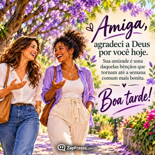 Duas amigas adultas em conversa alegre num jardim de tarde. Arte com a mensagem: Amiga, agradeci a Deus por você hoje. Sua amizade é uma daquelas bênçãos que tornam até a semana comum mais bonita. Boa tarde!