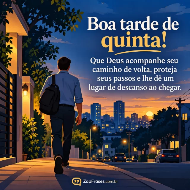 Pessoa adulta caminha de volta para casa com céu de tarde e luz quente. Arte com a mensagem: Boa tarde de quinta! Que Deus acompanhe seu caminho de volta, proteja seus passos e lhe dê um lugar de descanso ao chegar.
