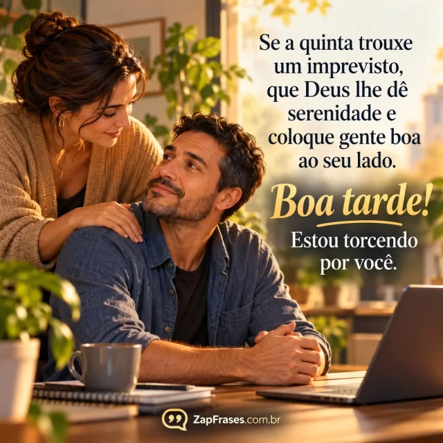 Pessoa adulta recebe apoio de outra em situação cotidiana, luz de tarde suave. Arte com a mensagem: Se a quinta trouxe um imprevisto, que Deus lhe dê serenidade e coloque gente boa ao seu lado. Boa tarde! Estou torcendo por você.