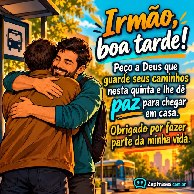Irmãos adultos se despedem com abraço fraterno em rua tranquila de tarde. Arte com a mensagem: Irmão, boa tarde! Peço a Deus que guarde seus caminhos nesta quinta e lhe dê paz para chegar em casa. Obrigado por fazer parte da minha vida.
