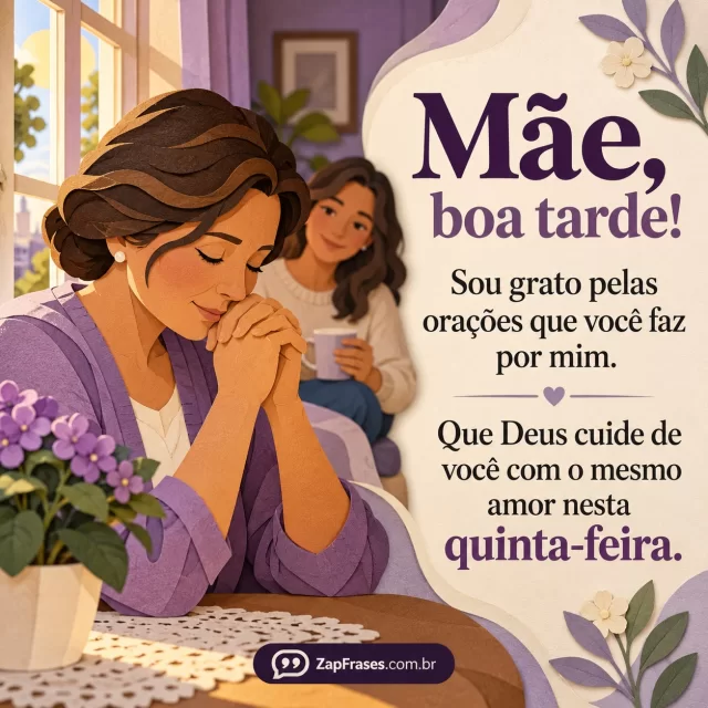 Mãe adulta em oração discreta ao lado de janela e filho ou filha ao fundo. Arte com a mensagem: Mãe, boa tarde! Sou grato pelas orações que você faz por mim. Que Deus cuide de você com o mesmo amor nesta quinta-feira.