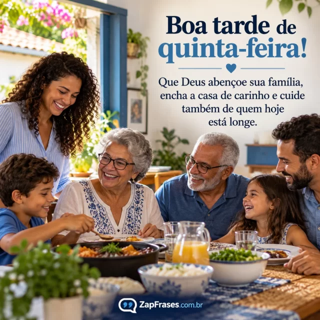 Casa brasileira iluminada à tarde, várias gerações reunidas discretamente. Arte com a mensagem: Boa tarde de quinta-feira! Que Deus abençoe sua família, encha a casa de carinho e cuide também de quem hoje está longe.