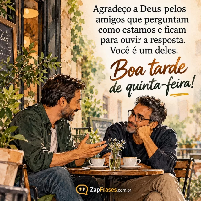 Dois amigos adultos conversam em mesa pequena, escuta atenta. Arte com a mensagem: Agradeço a Deus pelos amigos que perguntam como estamos e ficam para ouvir a resposta. Você é um deles. Boa tarde de quinta-feira!