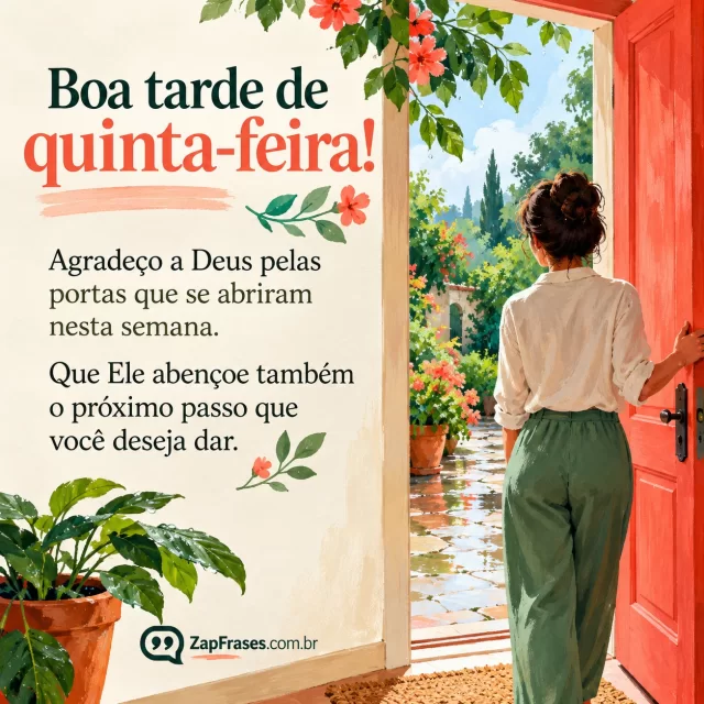 Pessoa adulta abre porta para jardim após chuva, visual simples e sereno. Arte com a mensagem: Boa tarde de quinta-feira! Agradeço a Deus pelas portas que se abriram nesta semana. Que Ele abençoe também o próximo passo que você deseja dar.