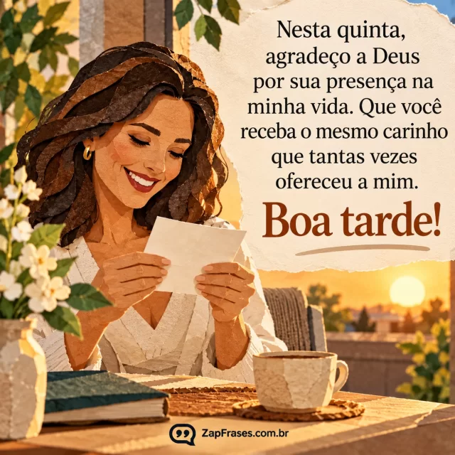 Pessoa adulta recebe bilhete sem escrita legível e sorri em ambiente de tarde. Arte com a mensagem: Nesta quinta, agradeço a Deus por sua presença na minha vida. Que você receba o mesmo carinho que tantas vezes ofereceu a mim. Boa tarde!