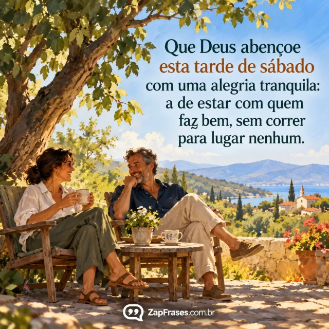 Duas pessoas adultas sentadas à sombra, conversa leve e céu aberto. Arte com a mensagem: Que Deus abençoe esta tarde de sábado com uma alegria tranquila: a de estar com quem faz bem, sem correr para lugar nenhum.