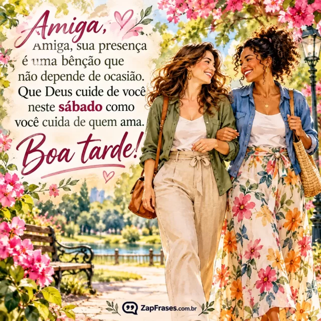 Duas amigas adultas caminham juntas em parque florido, afeto natural. Arte com a mensagem: Amiga, sua presença é uma bênção que não depende de ocasião. Que Deus cuide de você neste sábado como você cuida de quem ama. Boa tarde!