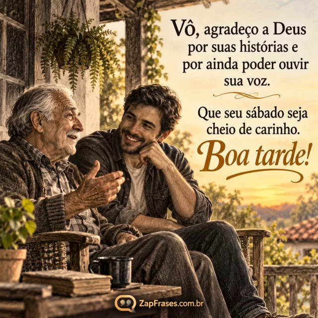 Avô adulto conta história ao neto crescido em varanda de sábado. Arte com a mensagem: Vô, agradeço a Deus por suas histórias e por ainda poder ouvir sua voz. Que seu sábado seja cheio de carinho. Boa tarde!