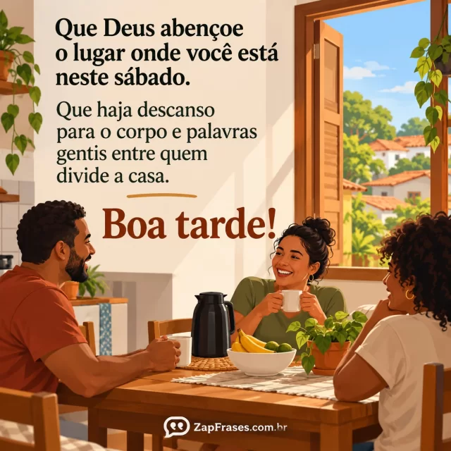 Casa brasileira simples com janela aberta e pessoas adultas convivendo em paz. Arte com a mensagem: Que Deus abençoe o lugar onde você está neste sábado. Que haja descanso para o corpo e palavras gentis entre quem divide a casa. Boa tarde!