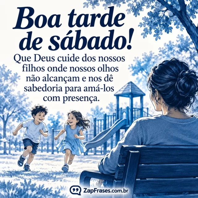 Pai ou mãe observa filhos brincando com segurança no parque. Arte com a mensagem: Boa tarde de sábado! Que Deus cuide dos nossos filhos onde nossos olhos não alcançam e nos dê sabedoria para amá-los com presença.