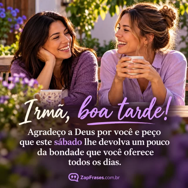 Duas irmãs adultas em conversa de sábado num quintal iluminado. Arte com a mensagem: Irmã, boa tarde! Agradeço a Deus por você e peço que este sábado lhe devolva um pouco da bondade que você oferece todos os dias.