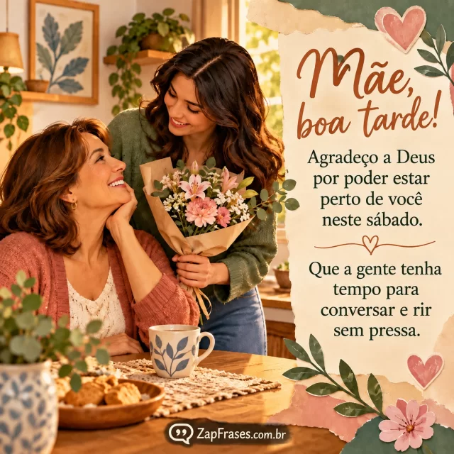 Mãe adulta recebe flores discretas de filho ou filha em casa. Arte com a mensagem: Mãe, boa tarde! Agradeço a Deus por poder estar perto de você neste sábado. Que a gente tenha tempo para conversar e rir sem pressa.