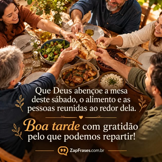 Mesa caseira de sábado com família adulta e pão sendo dividido. Arte com a mensagem: Que Deus abençoe a mesa deste sábado, o alimento e as pessoas reunidas ao redor dela. Boa tarde com gratidão pelo que podemos repartir!