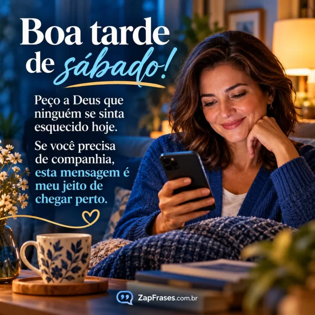 Pessoa adulta recebe mensagem no telefone em sala calma, luz de acolhimento. Arte com a mensagem: Boa tarde de sábado! Peço a Deus que ninguém se sinta esquecido hoje. Se você precisa de companhia, esta mensagem é meu jeito de chegar perto.