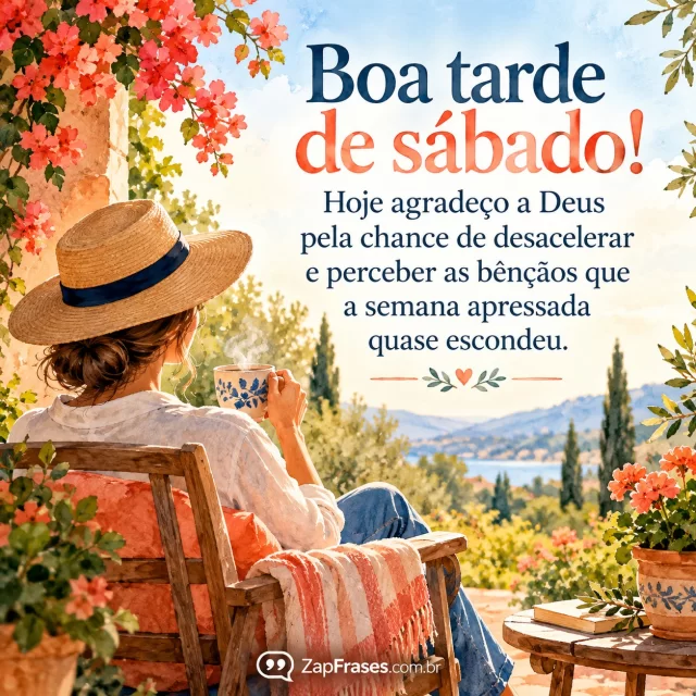 Pessoa adulta observa jardim tranquilo com xícara na mão, luz de sábado. Arte com a mensagem: Boa tarde de sábado! Hoje agradeço a Deus pela chance de desacelerar e perceber as bênçãos que a semana apressada quase escondeu.