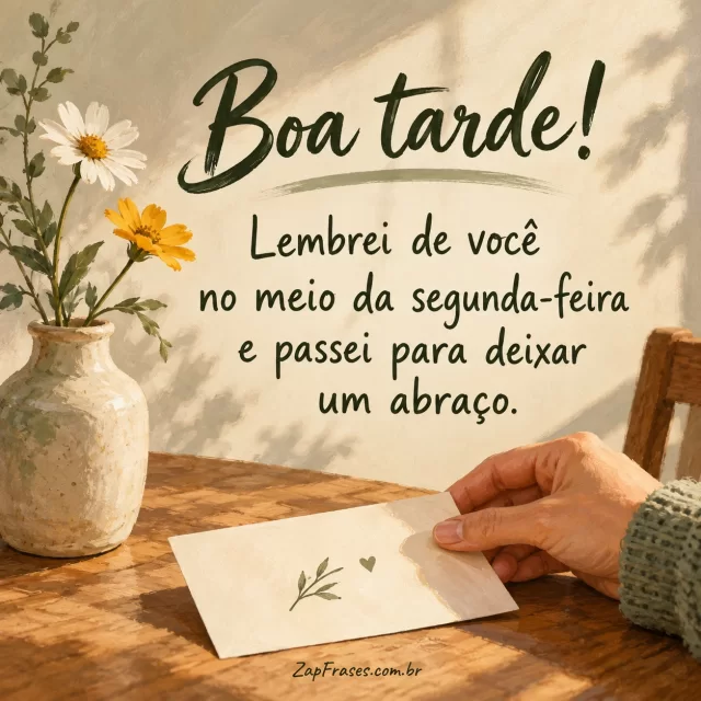 Mão deixa um cartão numa mesa com flores. Arte com a mensagem: Boa tarde! Lembrei de você no meio da segunda-feira e passei para deixar um abraço.