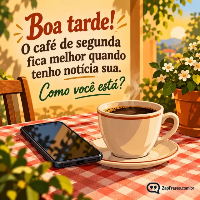 Uma xícara de café e um telefone sobre toalha xadrez, tarde de sol. Arte com a mensagem: Boa tarde! O café de segunda fica melhor quando tenho notícia sua. Como você está?